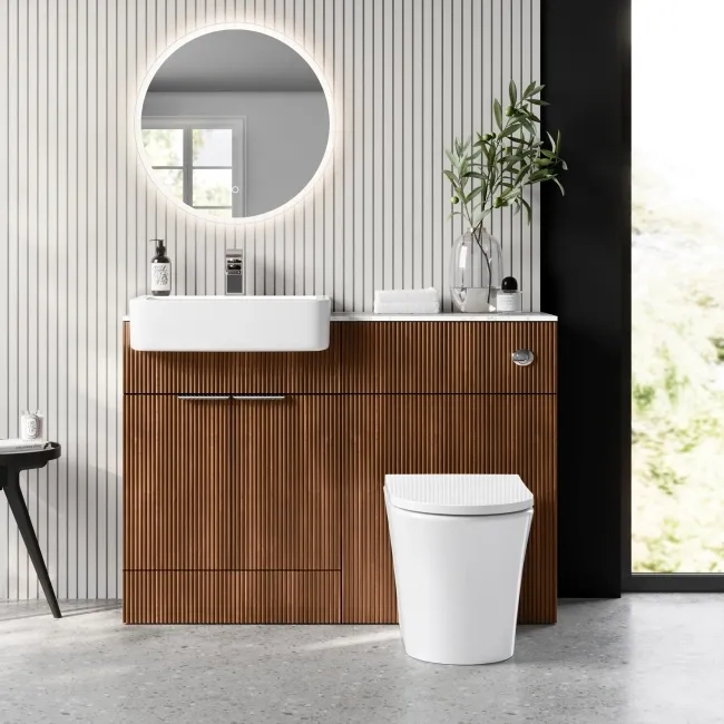 Sicily Fluted Black Walnut Combination Vanity Basin with Marble Top & Tucson Toilet 1200mm - Chrome Handles