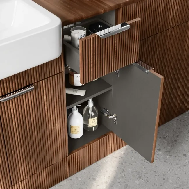 Sicily Fluted Black Walnut Combination Vanity Basin and Aruba Toilet 1500mm - Chrome Handles