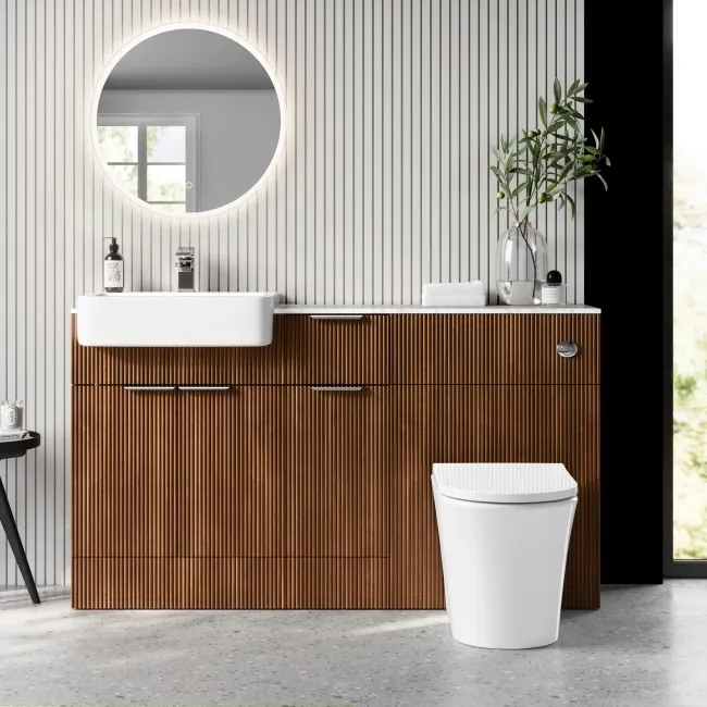 Sicily Fluted Black Walnut Combination Vanity Basin with Marble Top & Tucson Toilet 1500mm - Chrome Handles