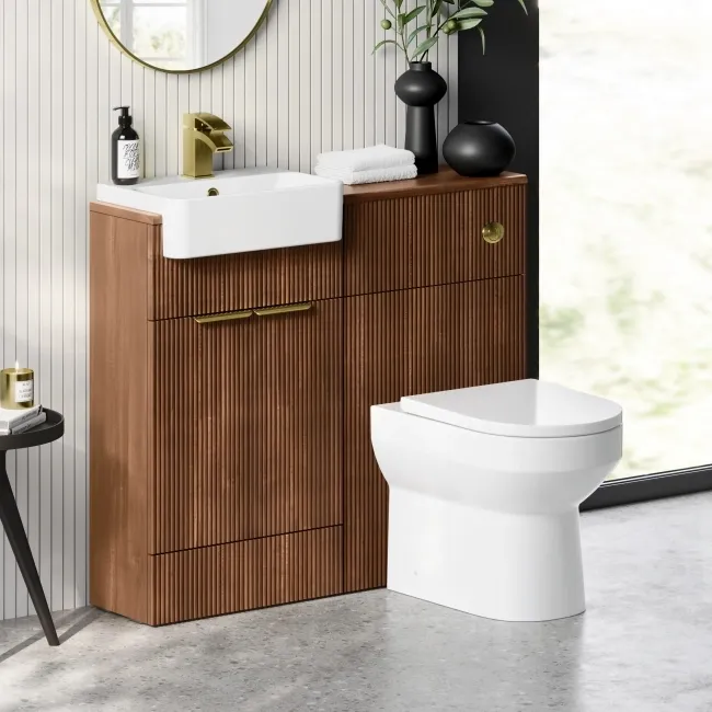 Sicily Fluted Black Walnut Combination Vanity Basin and Miami Toilet 1000mm - Brushed Brass Accents