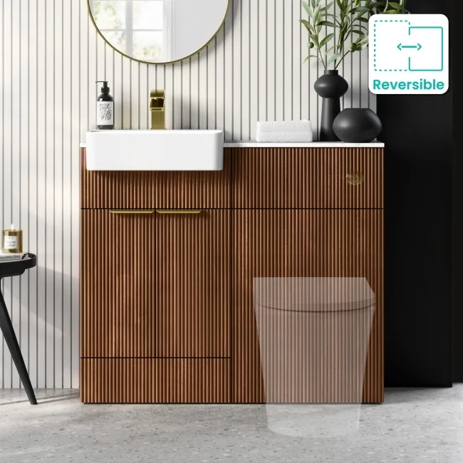 Sicily Fluted Black Walnut Basin Vanity with Marble Top & Back To Wall Unit 1000mm (Excludes Toilet) - Brushed Brass Accents
