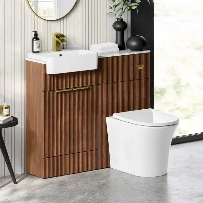 Sicily Fluted Black Walnut Combination Vanity Basin with Marble Top & Tucson Toilet 1000mm - Brushed Brass Accents