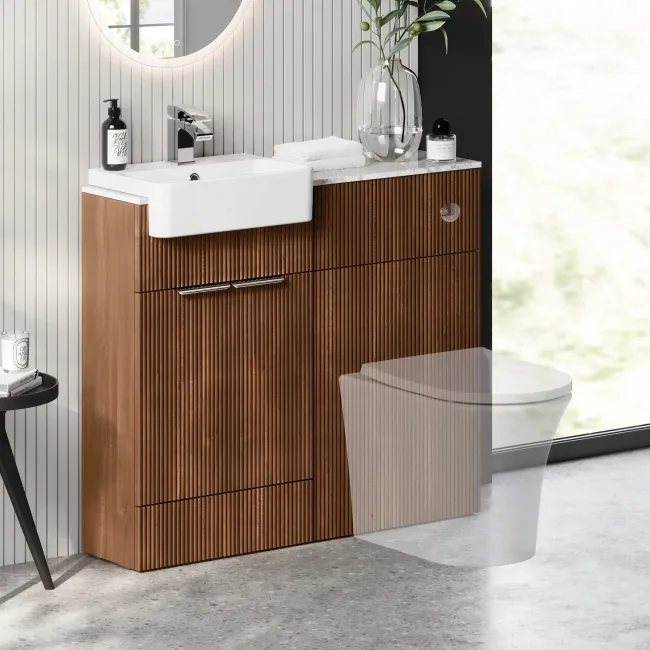 Sicily Fluted Black Walnut Basin Vanity with Marble Top & Back To Wall Unit 1000mm (Excludes Toilet) - Chrome Handles