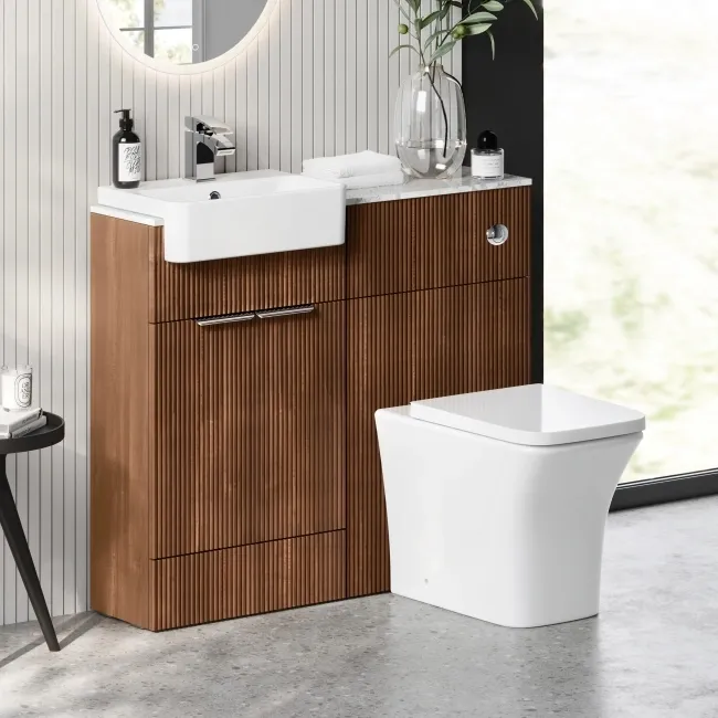 Sicily Fluted Black Walnut Combination Vanity Basin with Marble Top & Houston Toilet 1000mm - Chrome Handles