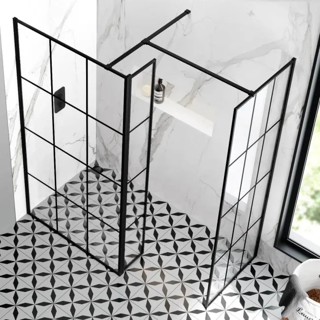 Munich Matt Black Grid 8mm Walk In Shower Enclosure 1000mm & 800mm Glass with Pivotal Return Panel
