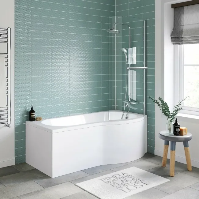 P Shaped 1600 Shower Bath with Front Panel & 4mm Screen with Rail - Right Handed