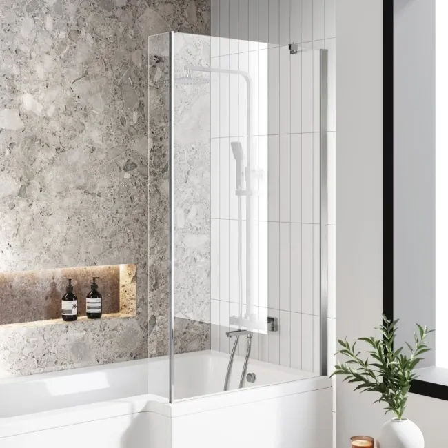 L Shaped 1600 Shower Bath with Front Panel & 4mm Fixed Screen - Right Handed