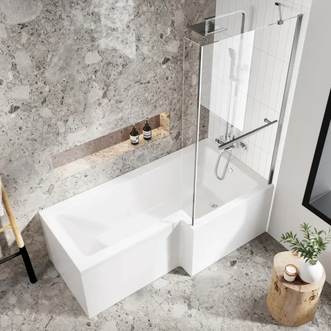 L Shaped 1700 Shower Bath with Front Panel & 4mm Fixed Screen with Rail - Right Handed