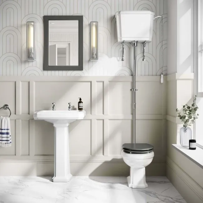 Hudson Traditional High-Level Toilet With Graphite Grey Seat & Pedestal Basin - Double Tap Hole