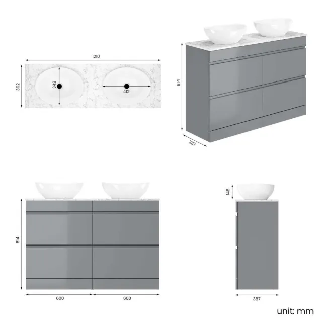 Trent Stone Grey Double Vanity Drawer with Marble Top & Oval Counter Top Basin 1200mm