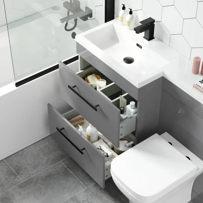 Avon Stone Grey Combination Basin Drawer and Atlanta Toilet 1100mm - Black Accents - Left Handed