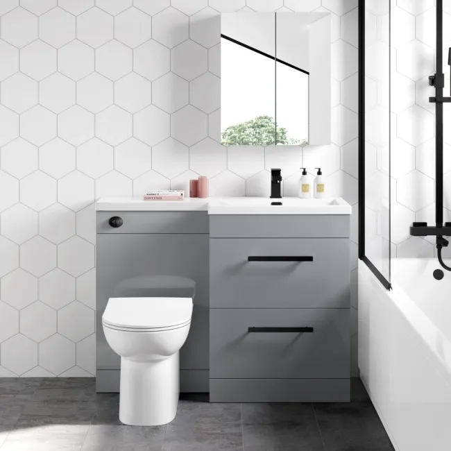 Avon Stone Grey Combination Basin Drawer and Aruba Toilet 1100mm - Black Accents - Right Handed
