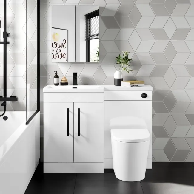 Avon Gloss White Combination Vanity Basin and Boston Toilet 1100mm - Black Accents - Left Handed