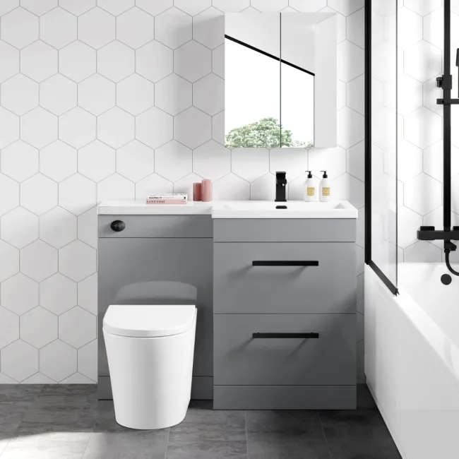 Avon Stone Grey Combination Basin Drawer and Boston Toilet 1100mm - Black Accents - Right Handed