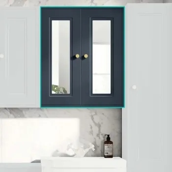 Inky Blue Wall Hung Mirror Cabinet 700x600mm - Brushed Brass Accents