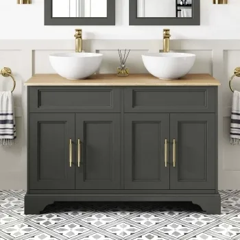 Lucia Graphite Grey Double Vanity with Oak Effect Top & Round Counter Top Basin 1200mm - Brass Knurled Handles