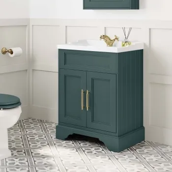 Lucia Midnight Green Basin Vanity 630mm - Brass Knurled Handles