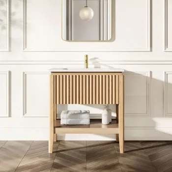Maru Oak Wood Grain Vanity Unit & Matt White Stone Basin 800mm