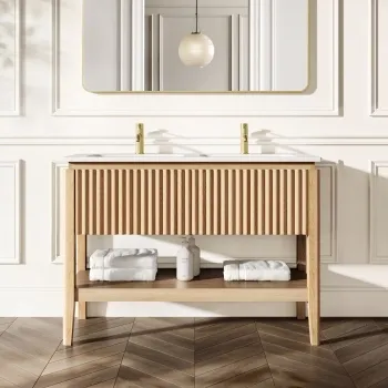 Maru Oak Wood Grain Vanity Unit & Matt White Double Stone Basin 1200mm