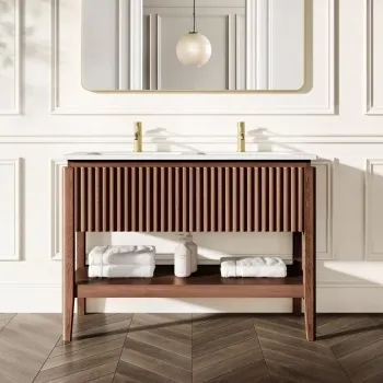 Maru Walnut Wood Grain Vanity Unit & Matt White Double Stone Basin 1200mm