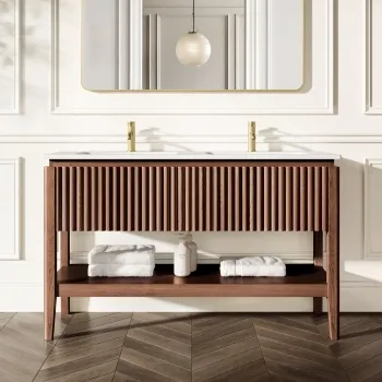 Maru Walnut Wood Grain Vanity Unit & Matt White Double Stone Basin 1400mm