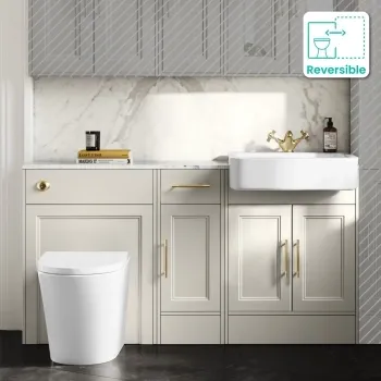 Monaco Chalk White Combination Vanity Basin with Marble Top and Boston Toilet 1500mm - Brass Knurled Handles