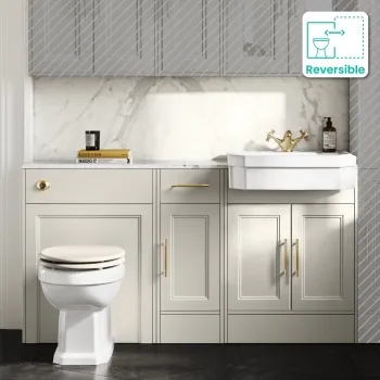 Monaco Chalk White Combination Vanity Traditional Basin with Marble Top & Hudson Toilet with Wooden Seat 1500mm - Brass Knurled Handles