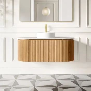 Positano Natural Oak Curved Wall Hung Vanity Drawer with Carrara Marble Top 1200mm - Basin Not Included