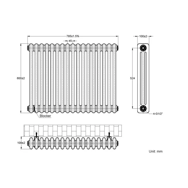 Athens Anthracite Triple Column Horizontal Traditional Radiator 600x785mm