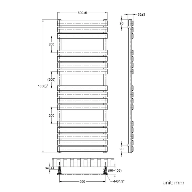 Santorini Brushed Brass Flat Panel Heated Towel Rail 1600x600mm
