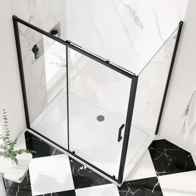 Hamburg Matt Black Easy Clean 8mm Sliding Shower Enclosure 1400x900mm - Easy Fix