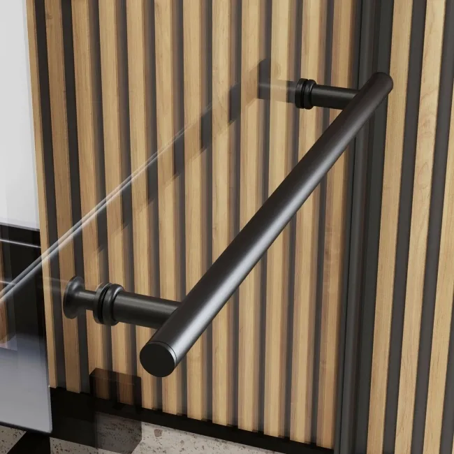 L Shaped 1500 Shower Bath with Front Panel & 6mm Matt Black Easy Clean Screen with Rail - Right Handed