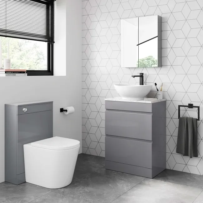 Trent Stone Grey Vanity Drawer with Marble Top & Oval Counter Top Basin 600mm