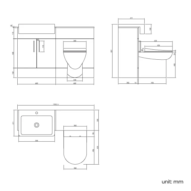 Harper Charcoal Elm Combination Vanity Basin and Aruba Toilet 1200mm - Black Accents