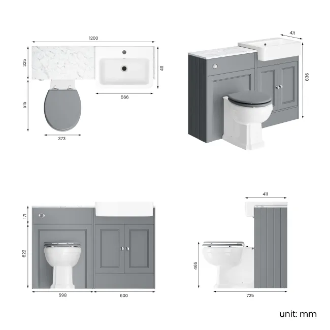 Monaco Dove Grey Combination Vanity Basin with Marble Top & Hudson Toilet with Wooden Seat 1200mm
