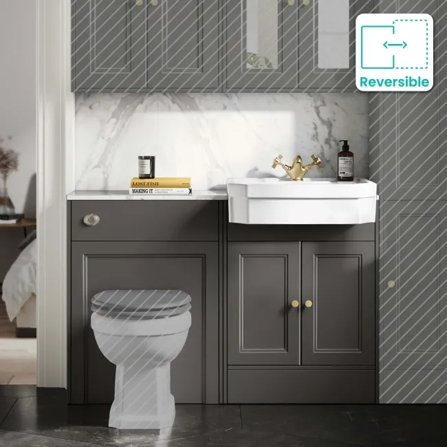 Monaco Graphite Grey Combination Vanity Traditional Basin with Marble Top 1200mm (Excludes Pan & Cistern) - Brushed Brass Accents