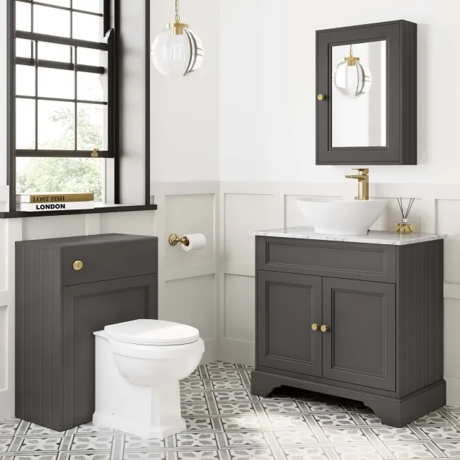 Lucia Graphite Grey Vanity with Marble Top & Oval Counter Top Basin 840mm - Brushed Brass Accents