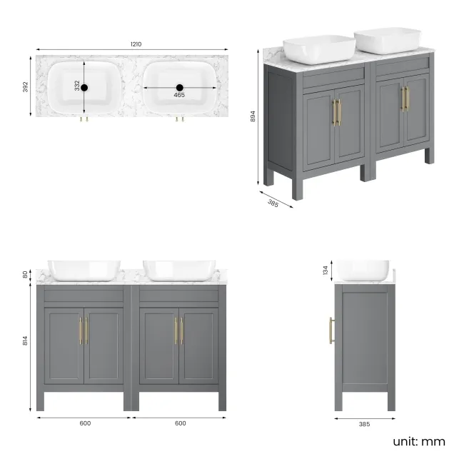 Bermuda Dove Grey Vanity with Marble Top & Curved Counter Top Basin 1200mm - Brass Knurled Handles