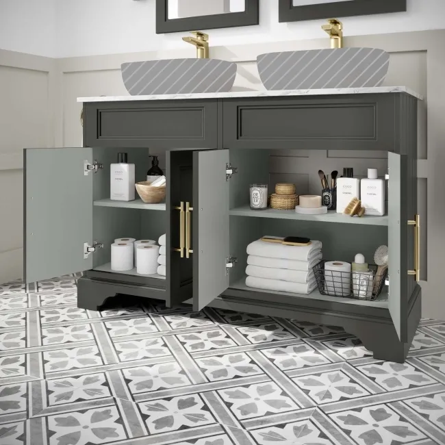 Lucia Graphite Grey Cabinet with Marble Top 1200mm (Excludes Counter Top Basins) - Brass Knurled Handles