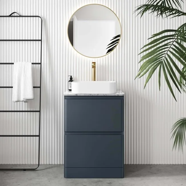 Corsica Inky Blue Vanity Drawer with Marble Top & Marin Basin 600mm