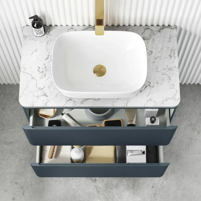 Corsica Inky Blue Vanity Drawer with Marble Top & Curved Counter Top Basin 800mm