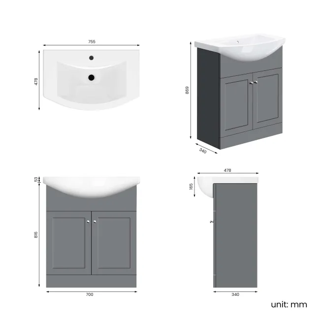 Capri Fog Grey Vanity with Semi Recessed Basin 750mm - Chrome Handles