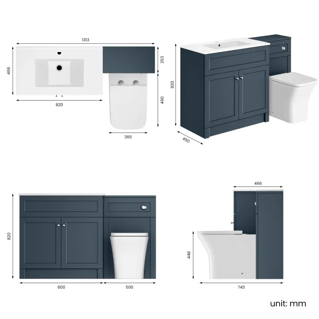 Milos Navy Blue Combination Vanity Basin and Houston Toilet 1300mm - Chrome Handles