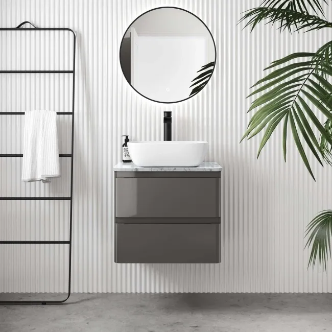 Corsica Tungsten Grey Wall Hung Drawer Vanity with Marble Top & Curved Counter Top Basin 600mm
