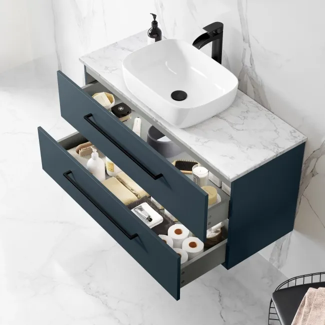 Elba Inky Blue Wall Hung Drawer Vanity with Marble Top & Curved Counter Top Basin 1000mm - Black Accents