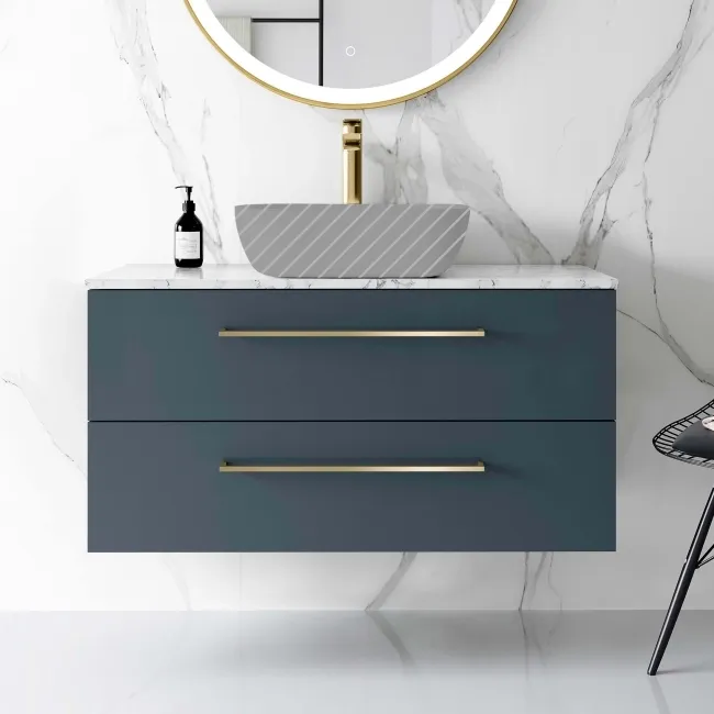 Elba Inky Blue Wall Hung Drawer Vanity 1000mm Excludes Counter Top Basin - Brushed Brass Accents