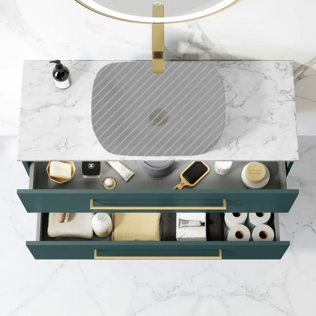 Elba Midnight Green Wall Hung Drawer Vanity 1000mm (Excludes Counter Top Basin) - Brushed Brass Accents