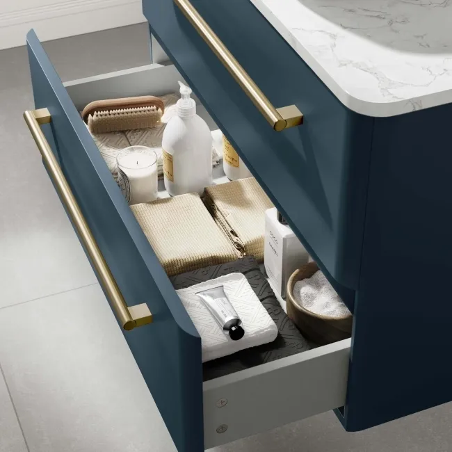 Omaha Navy Blue Wall Hung Drawer Vanity with Marble Top & Curved Counter Top Basin 800mm - Brushed Brass Accents