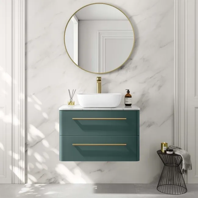 Omaha Mystic Green Wall Hung Drawer Vanity with Marble Top & Curved Counter Top Basin 800mm - Brushed Brass Accents