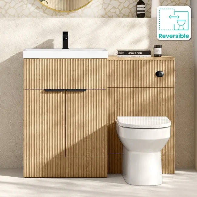 Havana Fluted Country Oak Combination Vanity Basin and Miami Toilet 1100mm - Black Accents